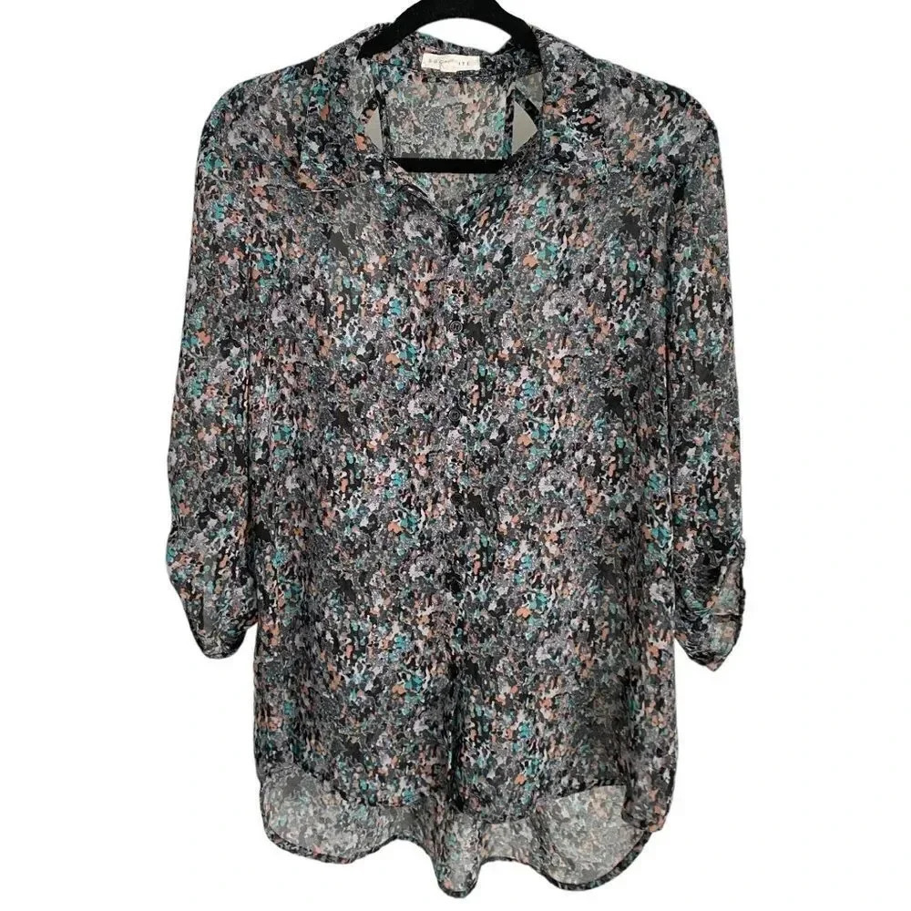 Socialite Button Down Cuff Sleeve 3/4 Sleeve Multicolor Print Open Back Blouse L - Picture 3 of 16
